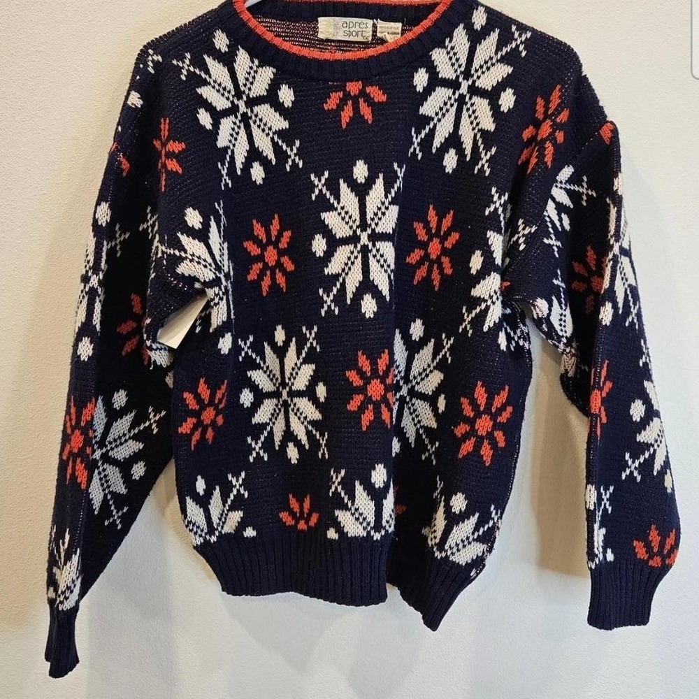 Vtg Apres Ski Sport Nordic Snowflake Sweater White Blue Women's L Norway
